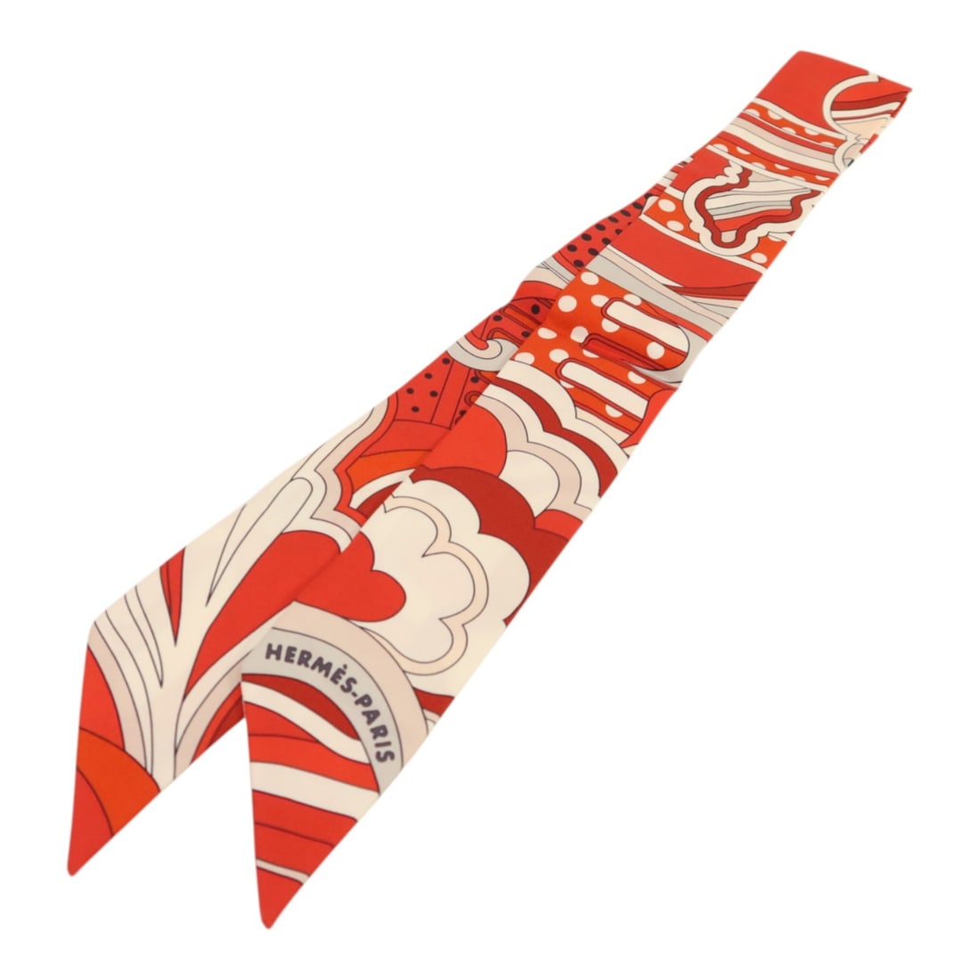 Hermes Twilly Silk Scarf Red White Multicolor France: Hermes Twilly Silk Scarf Red White Multicolor France Hermes Twilly scarf in silk with a red, white, and multicolor design. It is a women's regular-size scarf made in France and is offered in pristine 