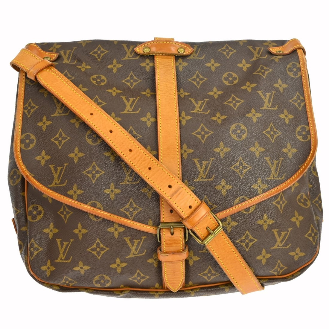Louis Vuitton Saumur 35 Monogram Canvas Crossbody Bag M42254: Louis Vuitton Saumur 35 Monogram Canvas Crossbody Bag M42254 Vintage Louis Vuitton Saumur 35 shoulder bag in brown Monogram canvas with leather trim and a crossbody strap. This unisex bag features a b