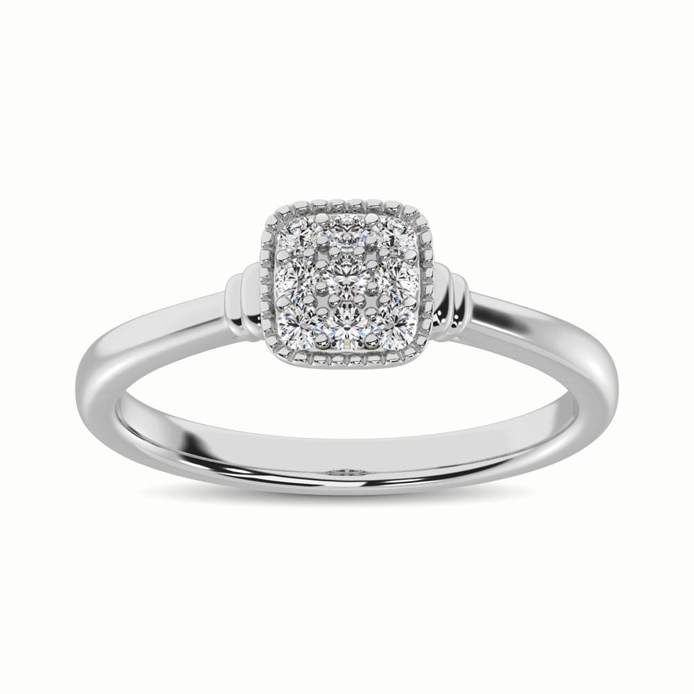10K White Gold 1/5 Ct.Tw. Diamond Fashion Ring: 10K White Gold 1/5 Ct.Tw. Diamond Fashion Ring This eye-catching ring is available in 10K White Gold. There are 9 round diamonds with a total carat weight of 1/5 Ct.Tw. set in a Shared Prong setting. 