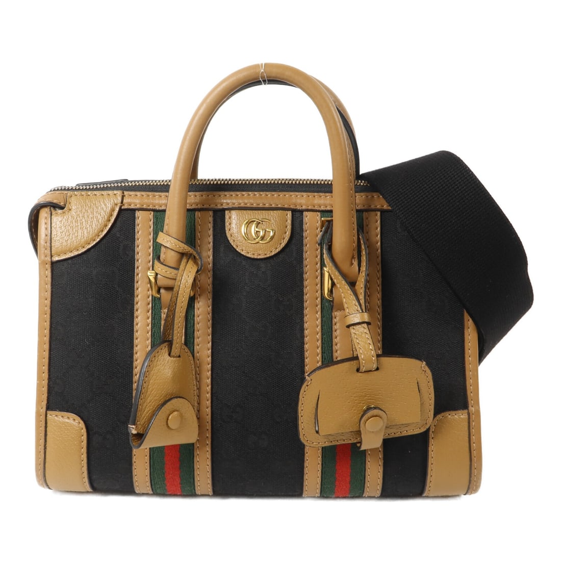 Gucci Bauletto Medium Top 715772 Brown Black GG Canvas Calfskin Bag: Gucci Bauletto Medium Top 715772 Brown Black GG Canvas Calfskin Bag A Gucci Bauletto Medium Top bag, model 715772, crafted in GG canvas and calfskin (cowhide) in brown and black. It features a top han