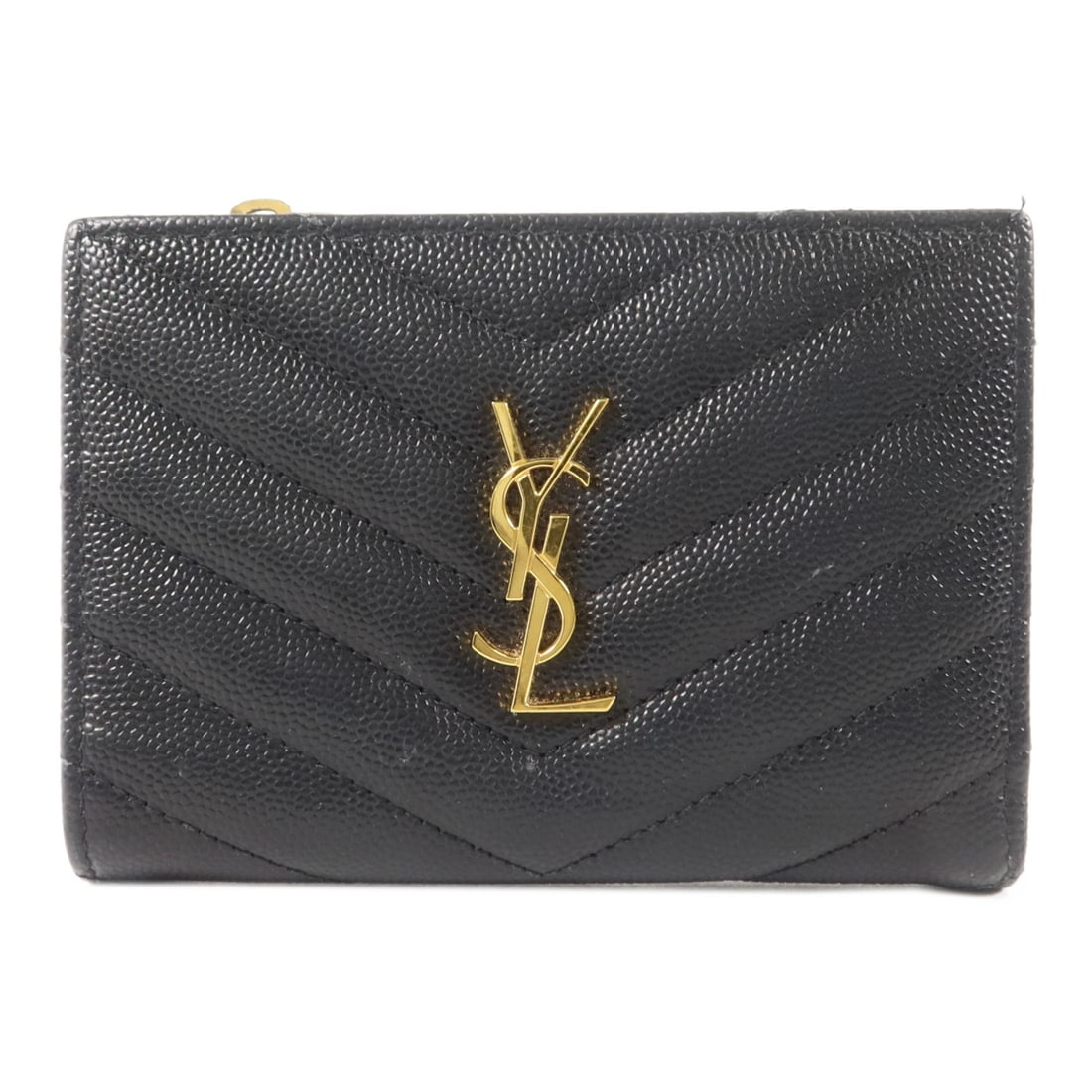 Saint Laurent 575974 YSL bifold calfskin wallet black: Saint Laurent 575974 YSL bifold calfskin wallet black A Saint Laurent bifold wallet in black calfskin leather, identified by model number 575974. It features a hook button closure, two open sections, 