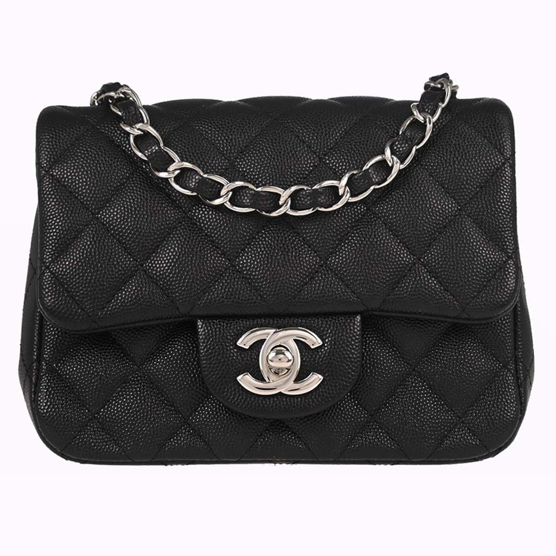 CHANEL Classic Single Flap Mini Square Shoulder Bag Black Caviar Leather: CHANEL Classic Single Flap Mini Square Shoulder Bag Black Caviar Leather Chanel Mini Classic Square Flap Shoulder Bag in black Caviar skin leather, made in Italy. This mini bag features a turn lock cl
