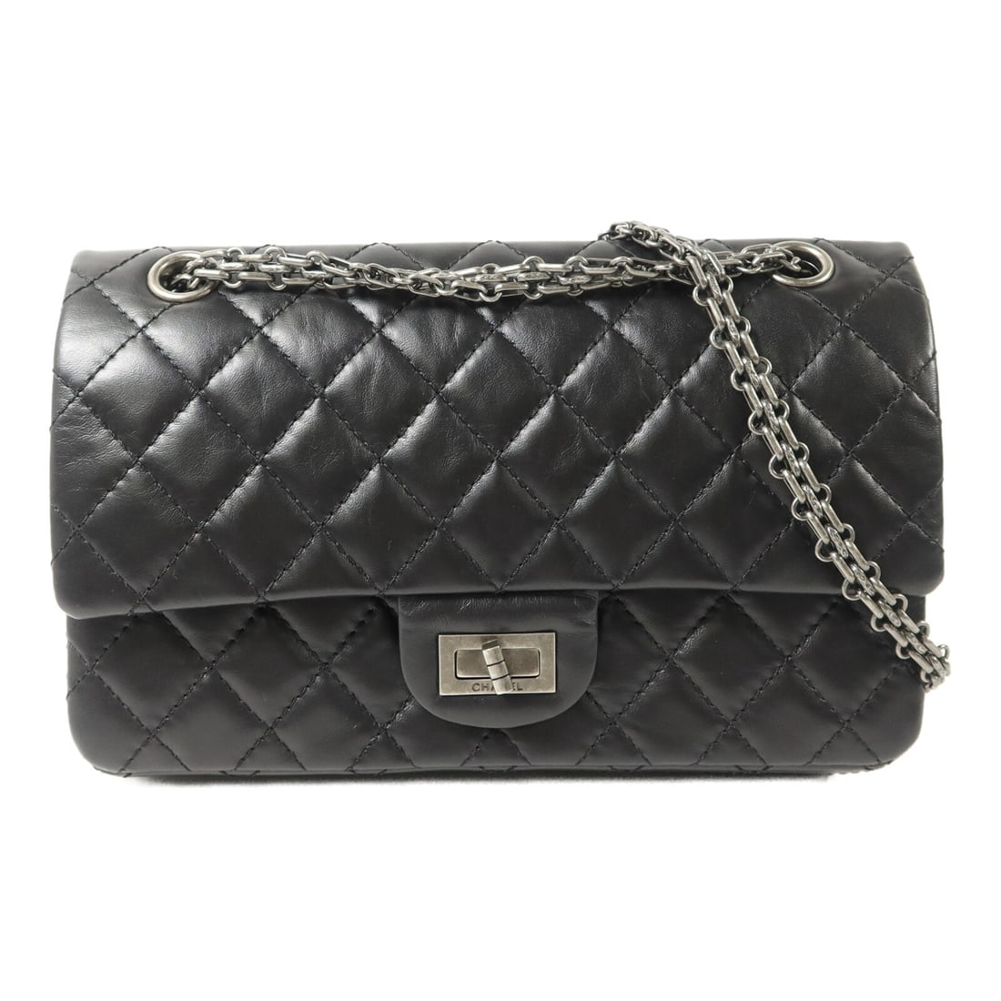 CHANEL A37586 2.55 Small Calfskin 2 Way Shoulder Bag Black: CHANEL A37586 2.55 Small Calfskin 2 Way Shoulder Bag Black A CHANEL CC 2.55 Small 2 Way Shoulder Bag in black calfskin leather. This regular-size women's bag features a turn lock closure, a black fram
