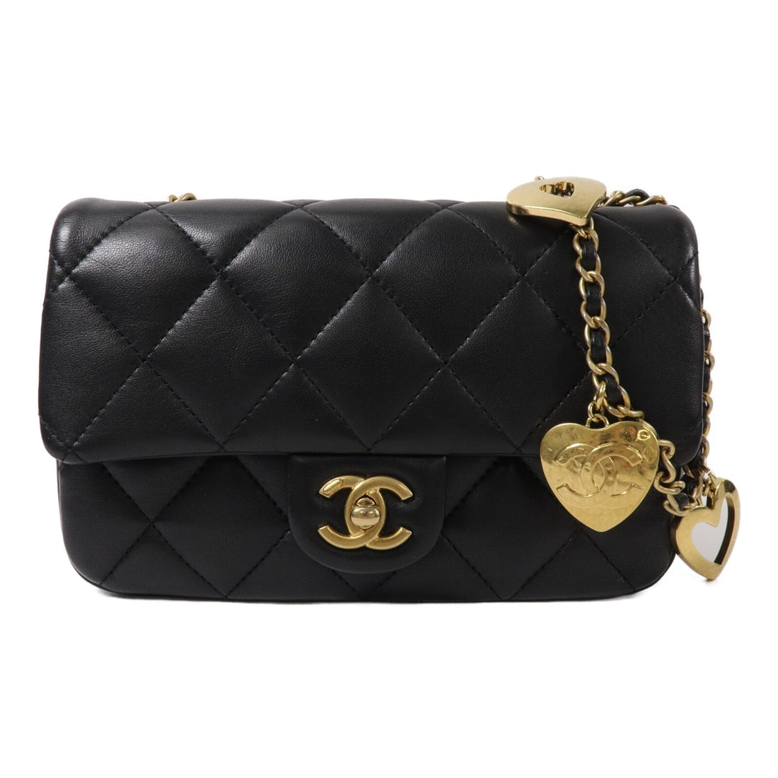CHANEL AS3457 Mini Flap Shoulder Bag Black Lambskin Heart Charms: CHANEL AS3457 Mini Flap Shoulder Bag Black Lambskin Heart Charms A CHANEL CC GHW Mini Flap Bag with Heart Charms chain shoulder bag in black lambskin (sheep leather). This regular-size women's shoulde