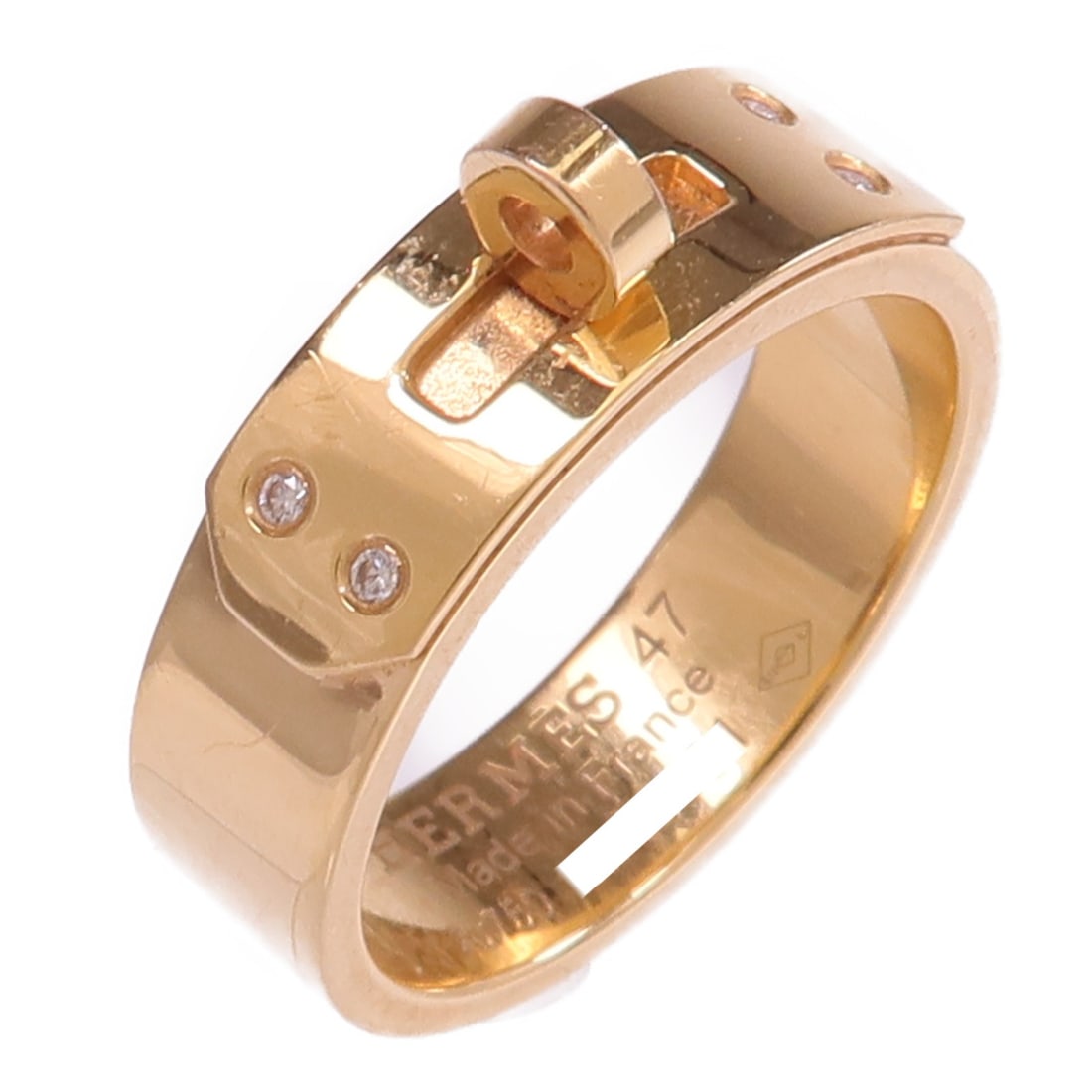 Hermes Kelly Diamond Ring 18K Rose Gold US 4.25: Hermes Kelly Diamond Ring 18K Rose Gold US 4.25 Hermes Kelly ring in K18 pink gold with diamond accents. The ring is size 4.25, engraved 47, and was made in France. It is offered in very good AB condi