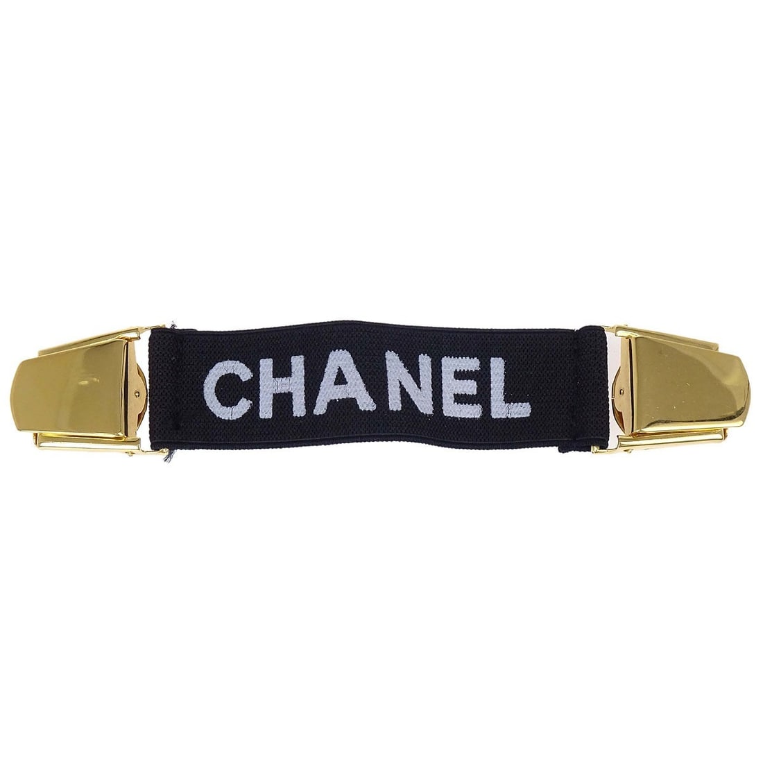CHANEL Logo Clip Wrap Wristband Black Canvas Size 33: CHANEL Logo Clip Wrap Wristband Black Canvas Size 33 Black canvas clip armband wristband with Chanel logo detail and wrap style. The piece shows fraying and cracks on the logo, and it is offered witho