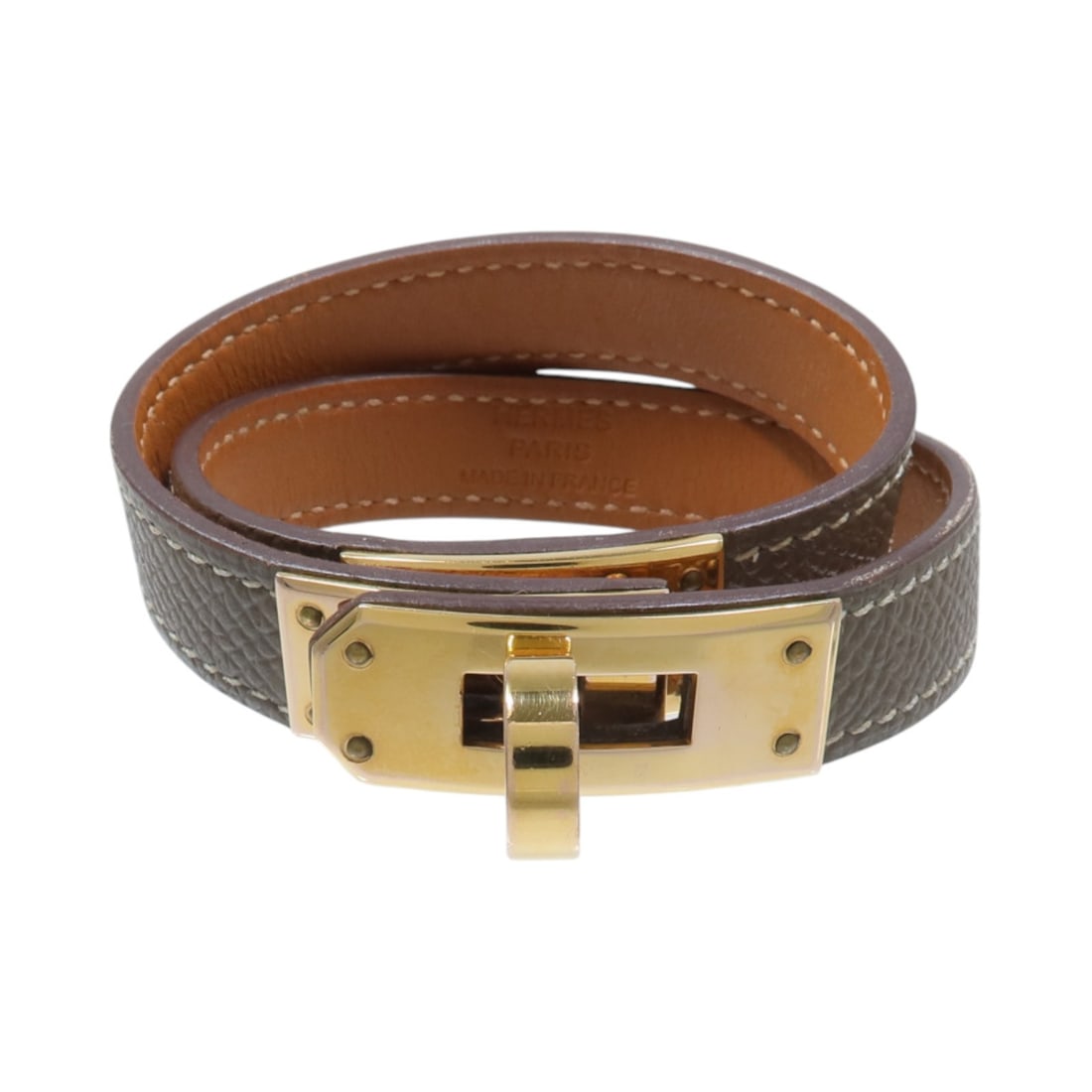 HERMES Kelly Double Tour Epsom Calfskin Bracelet Etoupe Gray: HERMES Kelly Double Tour Epsom Calfskin Bracelet Etoupe Gray Hermes Kelly Double Tour Bracelet in Etoupe Gray, made with Epsom leather, calfskin, and metal. This women's bracelet is size D/18/GHW and 