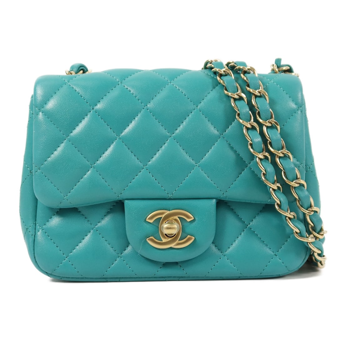 CHANEL A35200 Mini Classic 17 Shoulder Bag Aqua Green Lambskin: CHANEL A35200 Mini Classic 17 Shoulder Bag Aqua Green Lambskin A CHANEL CC Mini Classic 17 Chain Shoulder Bag, model A35200, crafted in lambskin (sheep leather) in Aqua Green / Green. This shoulder ba