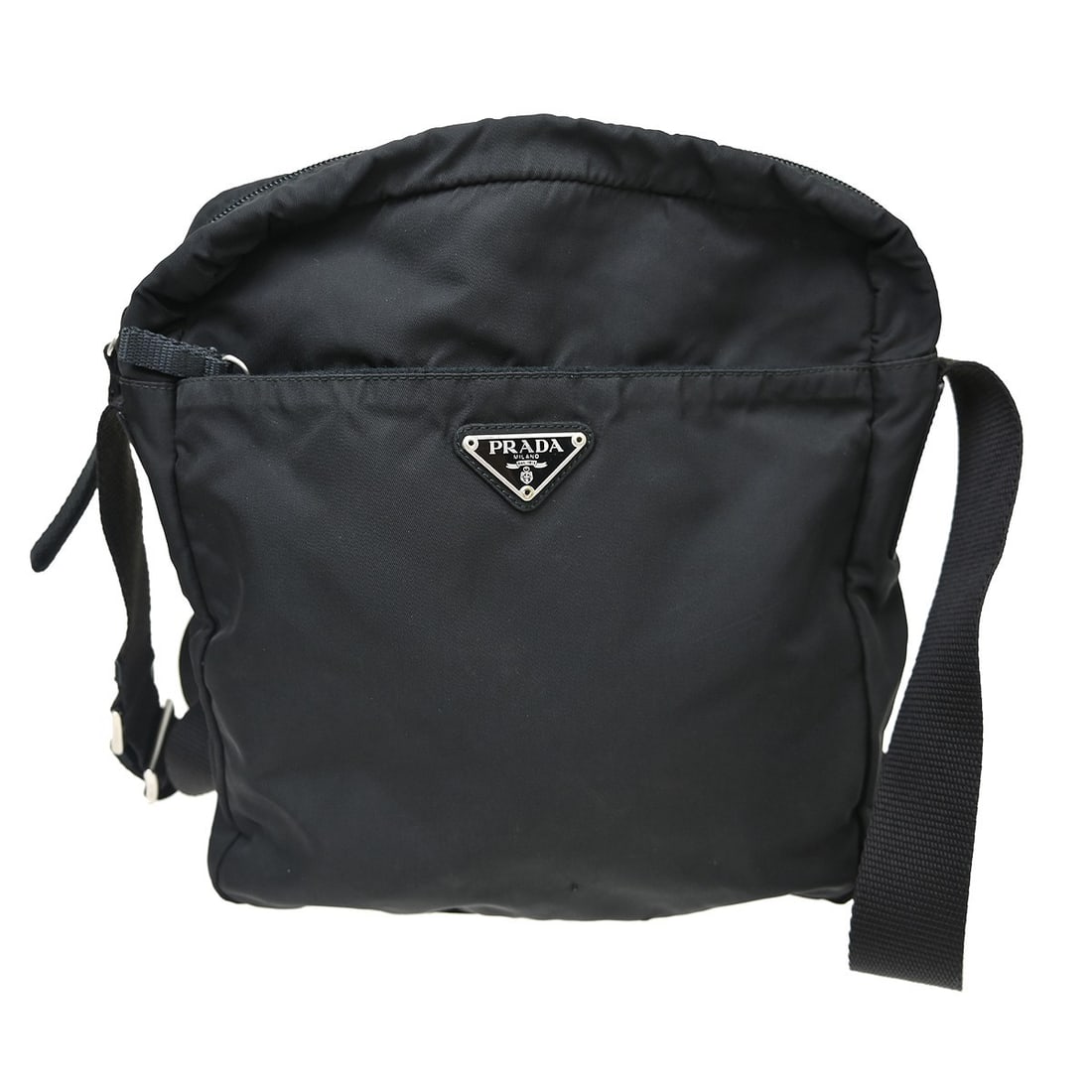 PRADA Medium Shoulder Bag in Black Nylon Made in Italy: PRADA Medium Shoulder Bag in Black Nylon Made in Italy Prada shoulder bag in black nylon with leather trim. This medium bag is made in Italy and features a practical zip pocket on the exterior and one