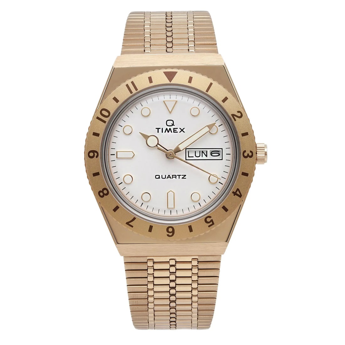 Timex Timex LDS women's quartz watch 36mm white MOP dial steel bracelet: Timex Timex LDS women's quartz watch 36mm white MOP dial steel bracelet This Timex ladies wristwatch features a 36 mm round stainless steel case with a polished gold finish, a gold-tone stainless stee
