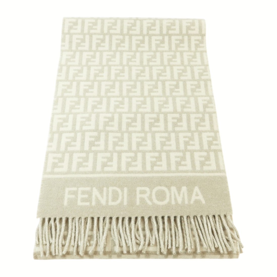 FENDI FF Unisex Scarf Wool Cashmere Beige Grey Italy: FENDI FF Unisex Scarf Wool Cashmere Beige Grey Italy FENDI FF scarf in a beige and grey colorway, made from cashmere and wool. It is a regular-size unisex scarf made in Italy and comes with storage ba