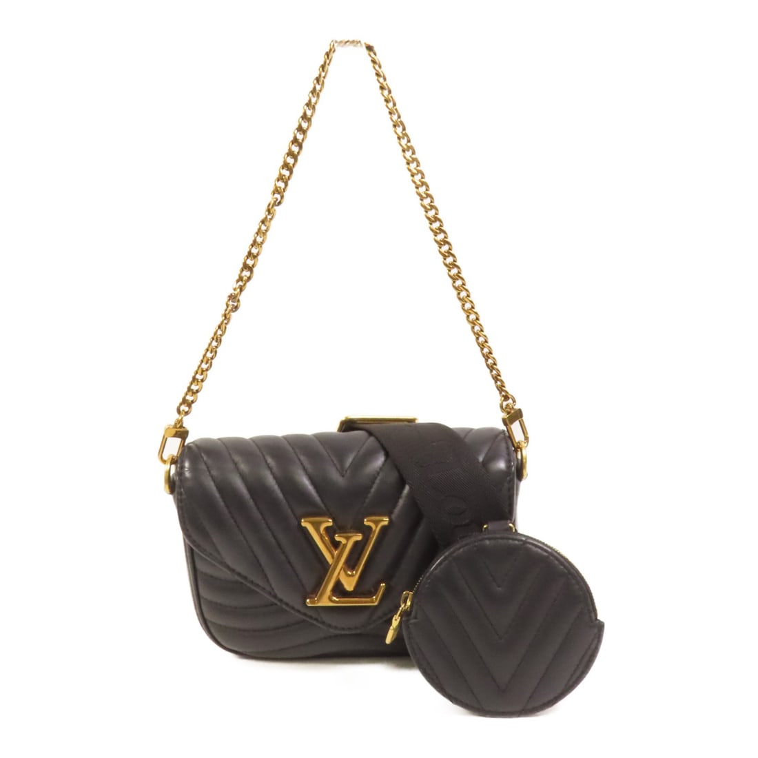 Louis Vuitton New Wave M56461 calfskin 2 way shoulder bag black: Louis Vuitton New Wave M56461 calfskin 2 way shoulder bag black Louis Vuitton New Wave 2 Way Bag, model M56461, in black calfskin (cowhide) leather with gold-tone hardware. It features a magnetic pock