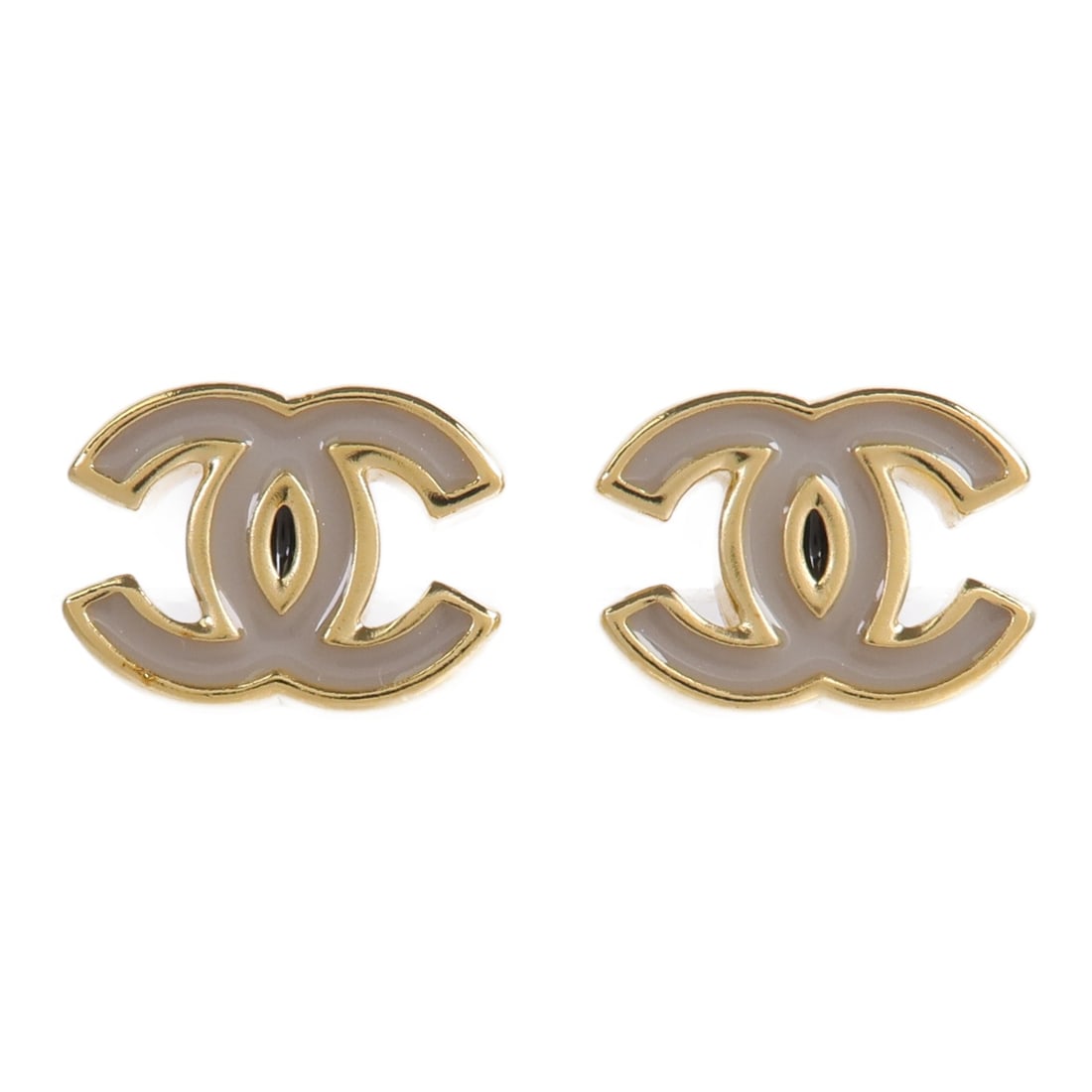 CHANEL CC Metal Earrings Gray and Gold Tone with Box: CHANEL CC Metal Earrings Gray and Gold Tone with Box CHANEL CC earrings in metal with a gold and grey finish. The item comes with a storage box and is described as being in very good AB condition. Spe