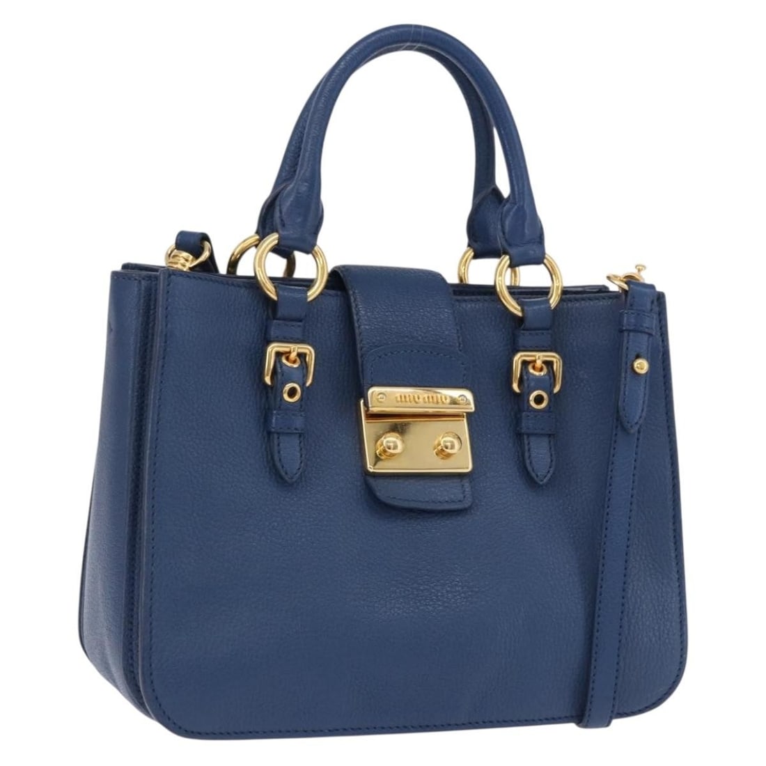 Miu Miu Blue Leather 2way Handbag with Shoulder Strap: Miu Miu Blue Leather 2way Handbag with Shoulder Strap A Miu Miu leather 2-way handbag in blue and gold, presented in reasonable pre-owned condition. It comes with a dust bag, item box, and shoulder st
