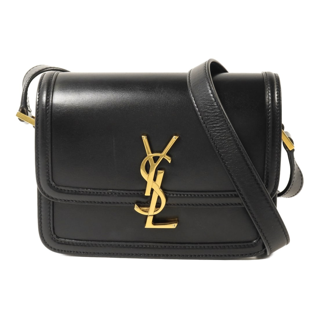 Saint Laurent Solferino Small Black Calfskin Shoulder Bag FLY634306: Saint Laurent Solferino Small Black Calfskin Shoulder Bag FLY634306 A Saint Laurent Small Solferino shoulder bag in black calfskin with gold-tone hardware. The bag features a flap closure, an interior