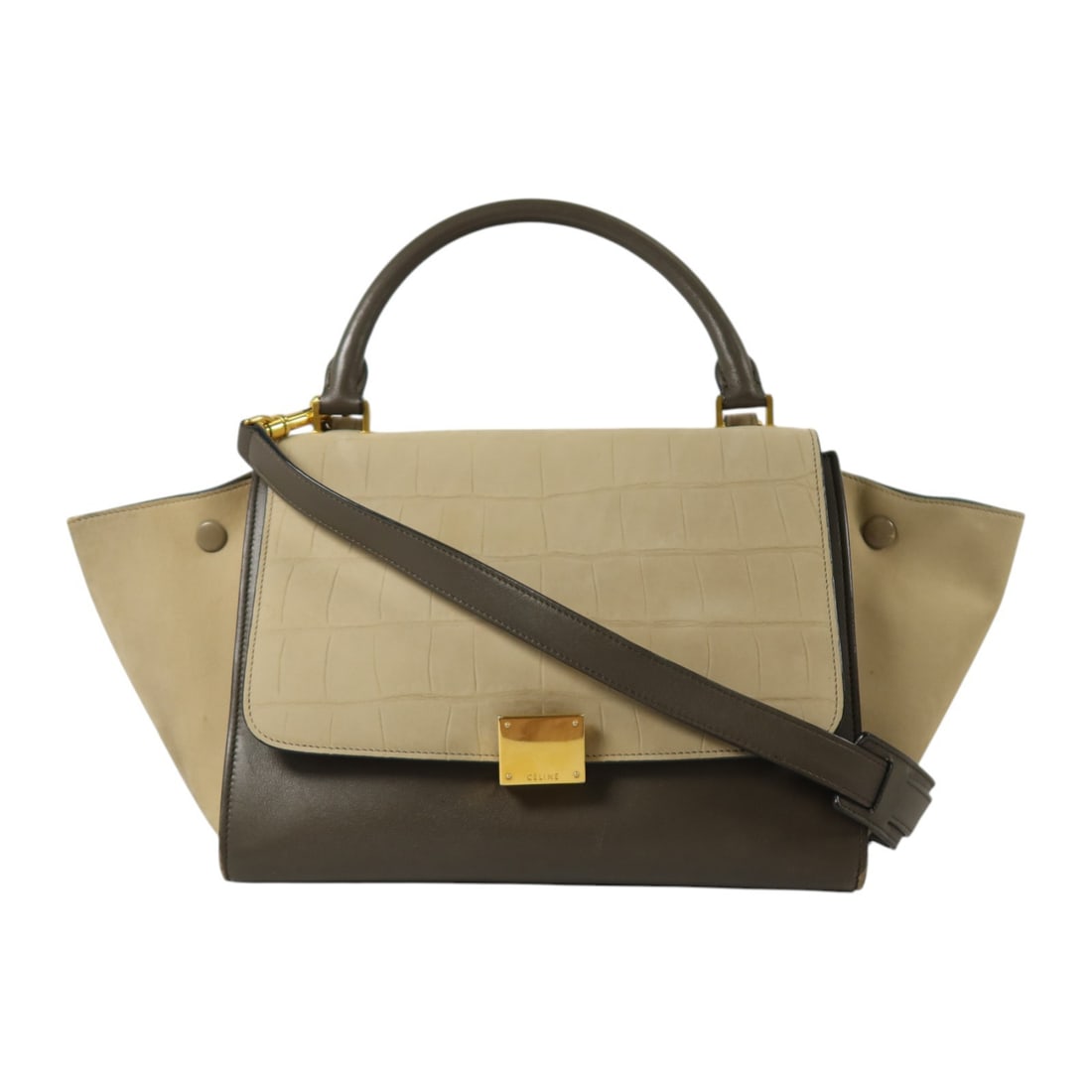 CELINE Trapeze 2way Shoulder Bag Calfskin Leather Beige Brown GHW: CELINE Trapeze 2way Shoulder Bag Calfskin Leather Beige Brown GHW A CELINE 2way shoulder bag trapeze handbag in beige and brown calfskin (cowhide) leather. It features a turn lock closure, one outside