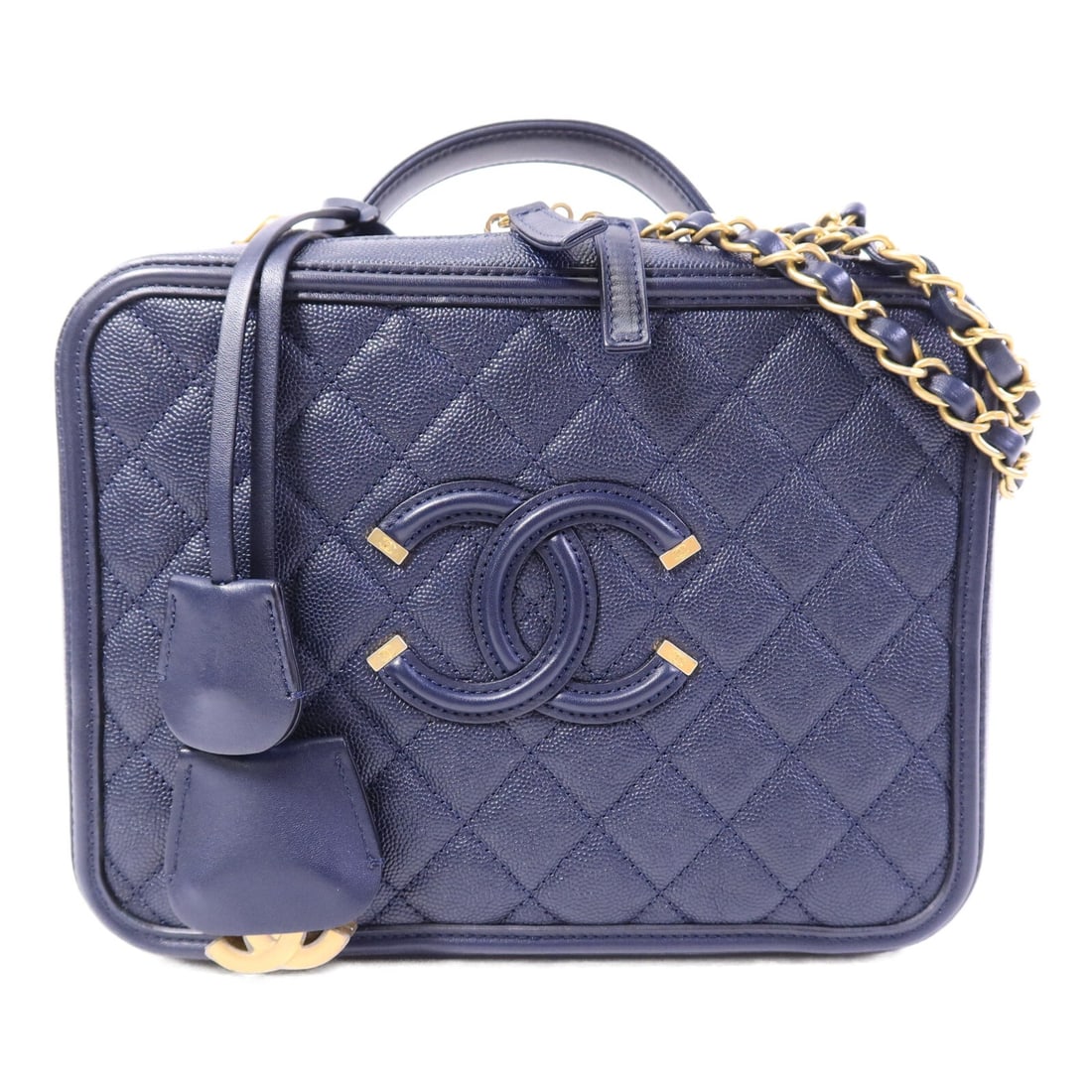 CHANEL A93344 CC Filigree Vanity Case 2 Way Calfskin Bag Navy: CHANEL A93344 CC Filigree Vanity Case 2 Way Calfskin Bag Navy CHANEL CC GHW Filigree Vanity Case 2 Way Shoulder Bag in calfskin (cowhide) with a blue and navy colorway. This women's regular-size bag i