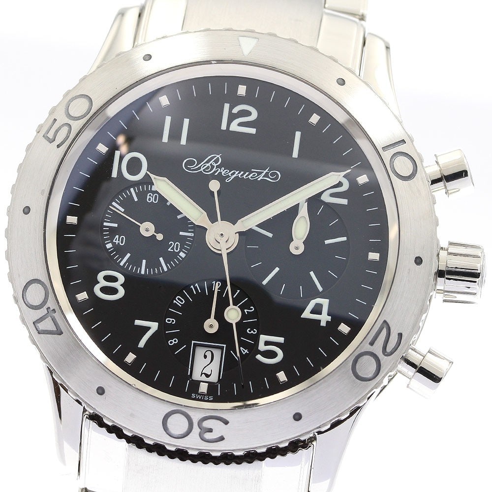 Breguet Type XX Transatlantic 3820 Automatic Chronograph Watch: Breguet Type XX Transatlantic 3820 Automatic Chronograph Watch This Breguet Transatlantic Type XX wristwatch is a men's pre-owned timepiece featuring a stainless steel case and band with a black dial.