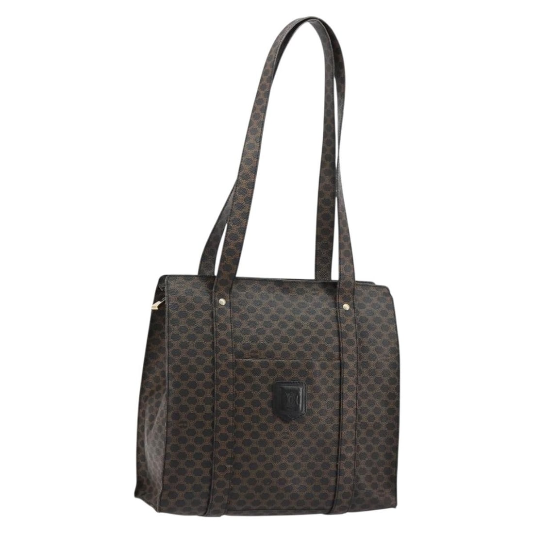 CELINE Macadam Canvas Tote in Black PVC Leather Gold Tone: CELINE Macadam Canvas Tote in Black PVC Leather Gold Tone Celine tote bag in Macadam canvas with PVC leather trim and a black and gold colorway. Made in Italy, this women's tote shows reasonable wear 