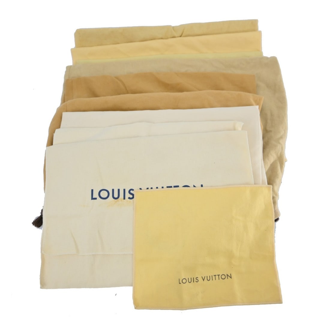 Set of 10 Louis Vuitton Cotton Dust Bags Brown Beige: Set of 10 Louis Vuitton Cotton Dust Bags Brown Beige Set of 10 Louis Vuitton dust bags in brown and beige cotton. These unisex dustbags show overall signs of use with reasonable wear and tear. The set