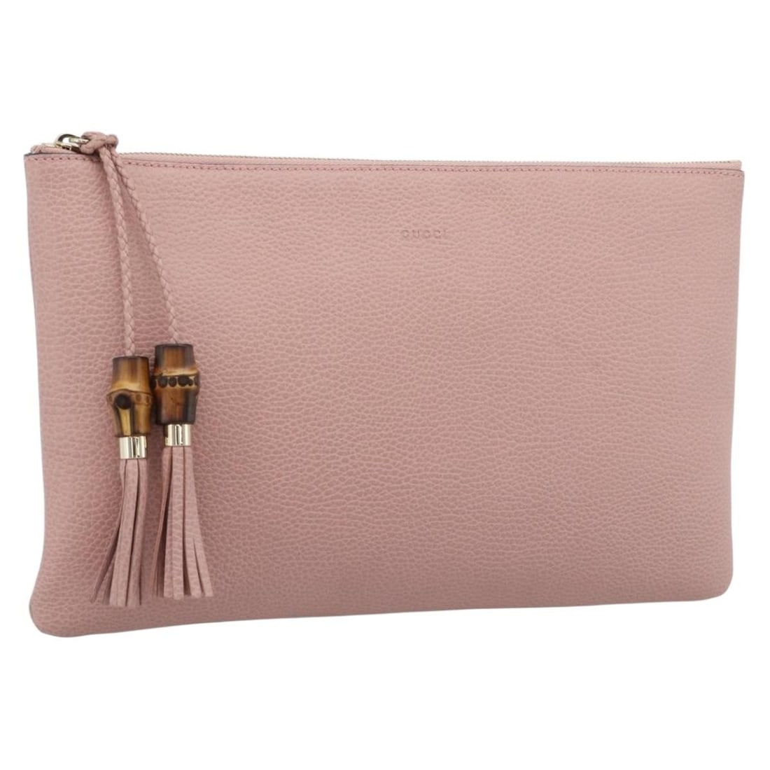 GUCCI 449653 Leather Bamboo Clutch Bag Pink Gold Tone: GUCCI 449653 Leather Bamboo Clutch Bag Pink Gold Tone This GUCCI Bamboo clutch bag is crafted from leather in a pink and gold tone finish. Made in Italy, it measures approximately 34 cm wide, 22 cm hi