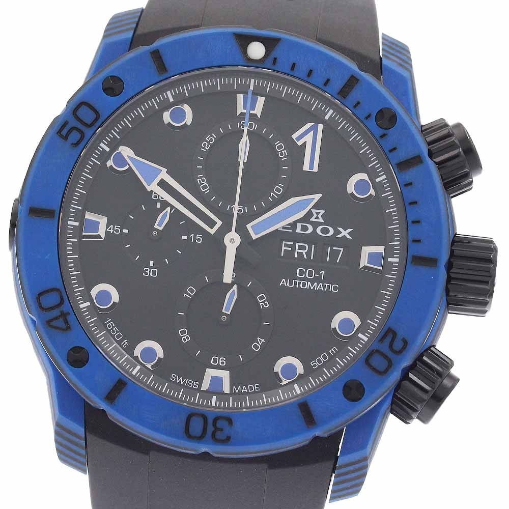 EDOX Chrono Offshore 1 Carbon Mens Automatic Chronograph Watch 01125-CLNBUN-NINBU: EDOX Chrono Offshore 1 Carbon Mens Automatic Chronograph Watch 01125-CLNBUN-NINBU This pre-owned EDOX men's wristwatch is the Chrono Offshore 1 Carbon model, featuring a carbon case, black dial, and r
