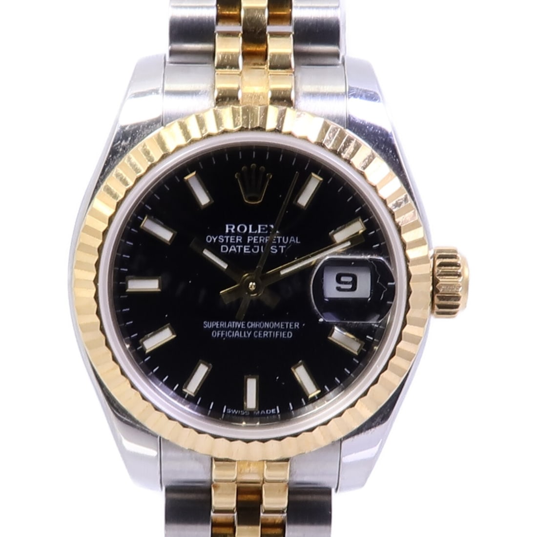 Rolex 179173 Datejust ladies automatic watch black dial steel 18K gold: Rolex 179173 Datejust ladies automatic watch black dial steel 18K gold A ROLEX Datejust automatic watch for ladies, model 179173 (2009), featuring a black dial and a case made from 18K yellow gold and