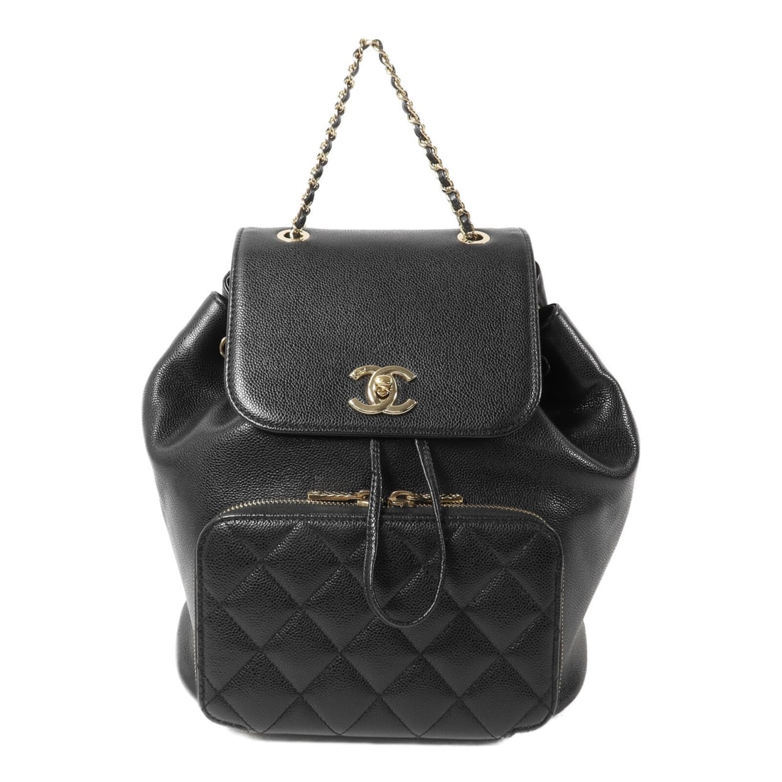 CHANEL Affinity Chain Backpack A93748 Black Calfskin CC GHW: CHANEL Affinity Chain Backpack A93748 Black Calfskin CC GHW A CHANEL Affinity Chain Backpack in black calfskin (cowhide) leather, styled as a rucksack backpack. It features a turn-lock closure, exteri