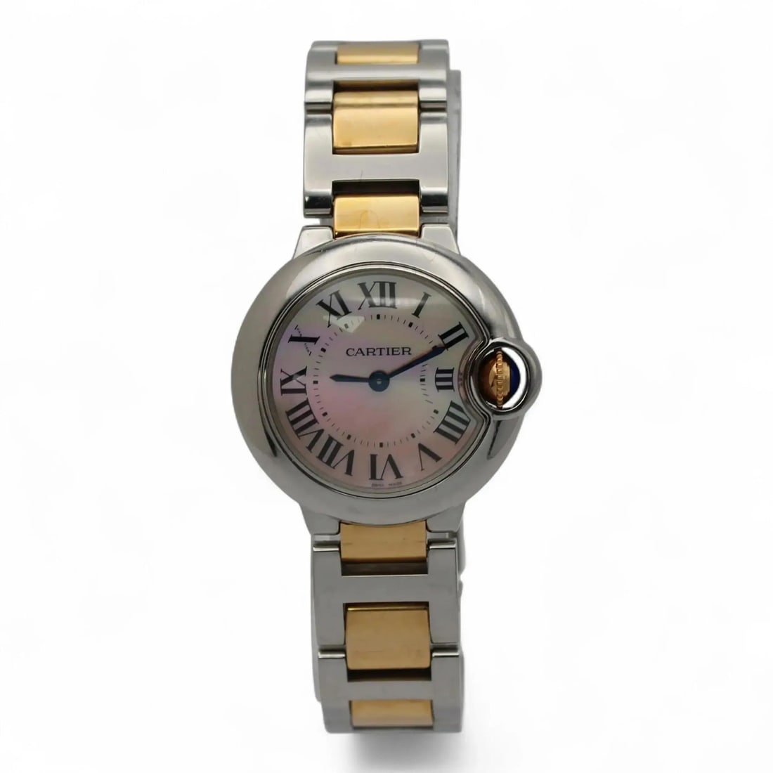 Cartier Ballon Bleu 28mm Diamond Bezel Steel and Gold Quartz Ladies Watch: Cartier Ballon Bleu 28mm Diamond Bezel Steel and Gold Quartz Ladies Watch This is a pre-owned Cartier Ballon Bleu ladies wristwatch featuring a 28mm round stainless steel case with an 18K yellow gold 