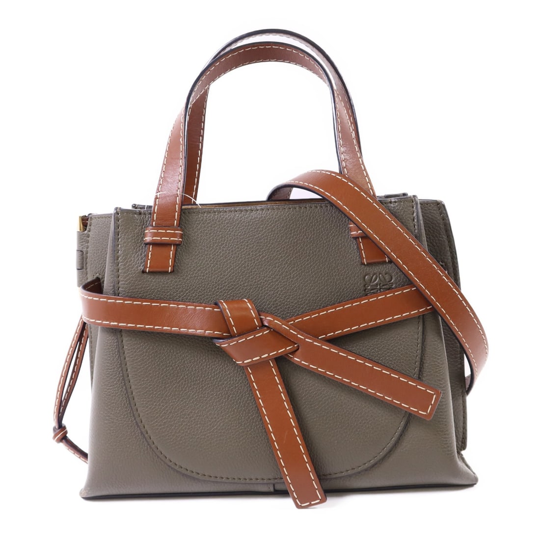 LOEWE Mini Gate Calfskin 2 Way Shoulder Bag Green Brown: LOEWE Mini Gate Calfskin 2 Way Shoulder Bag Green Brown A LOEWE Mini Gate 2 Way Shoulder Bag in calfskin leather, presented in green, brown, and olive/green tones. This women's bag is a regular-size s