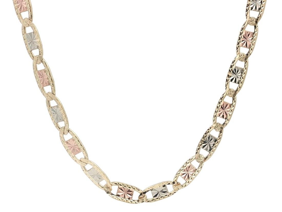 20 Inch 14k Tri Color Gold Flat Mariner Diamond Cut Chain Necklace: 20 Inch 14k Tri Color Gold Flat Mariner Diamond Cut Chain Necklace This unisex flat mariner link chain necklace is crafted from solid 14k yellow, white, and rose gold, showcasing a tri-color design wi