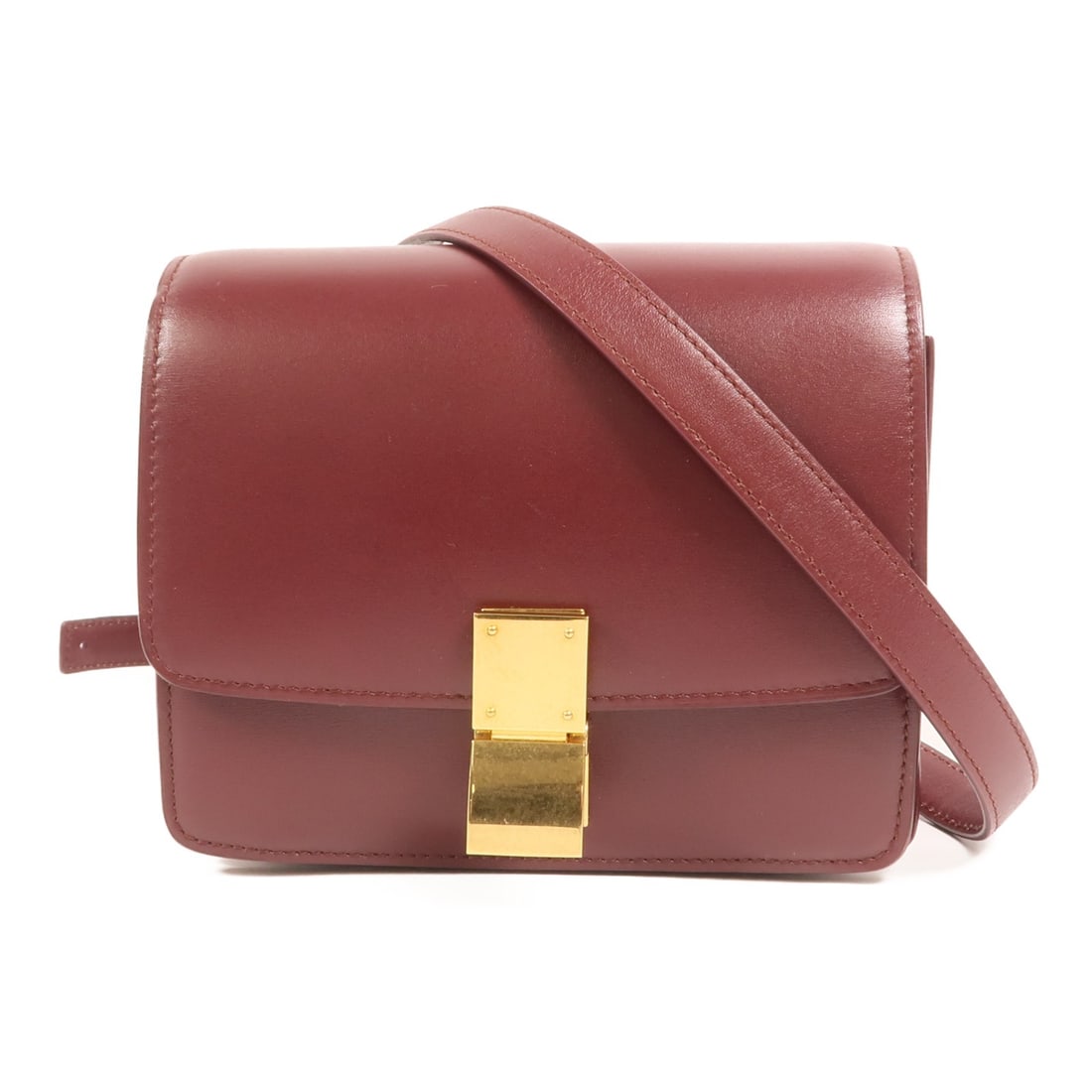 Red Calfskin Small Shoulder Bag CELINE Classic Box GHW: Red Calfskin Small Shoulder Bag CELINE Classic Box GHW A small shoulder bag in red calfskin leather with a classic box design. It features a flap closure and one inside zip pocket. The bag is presente