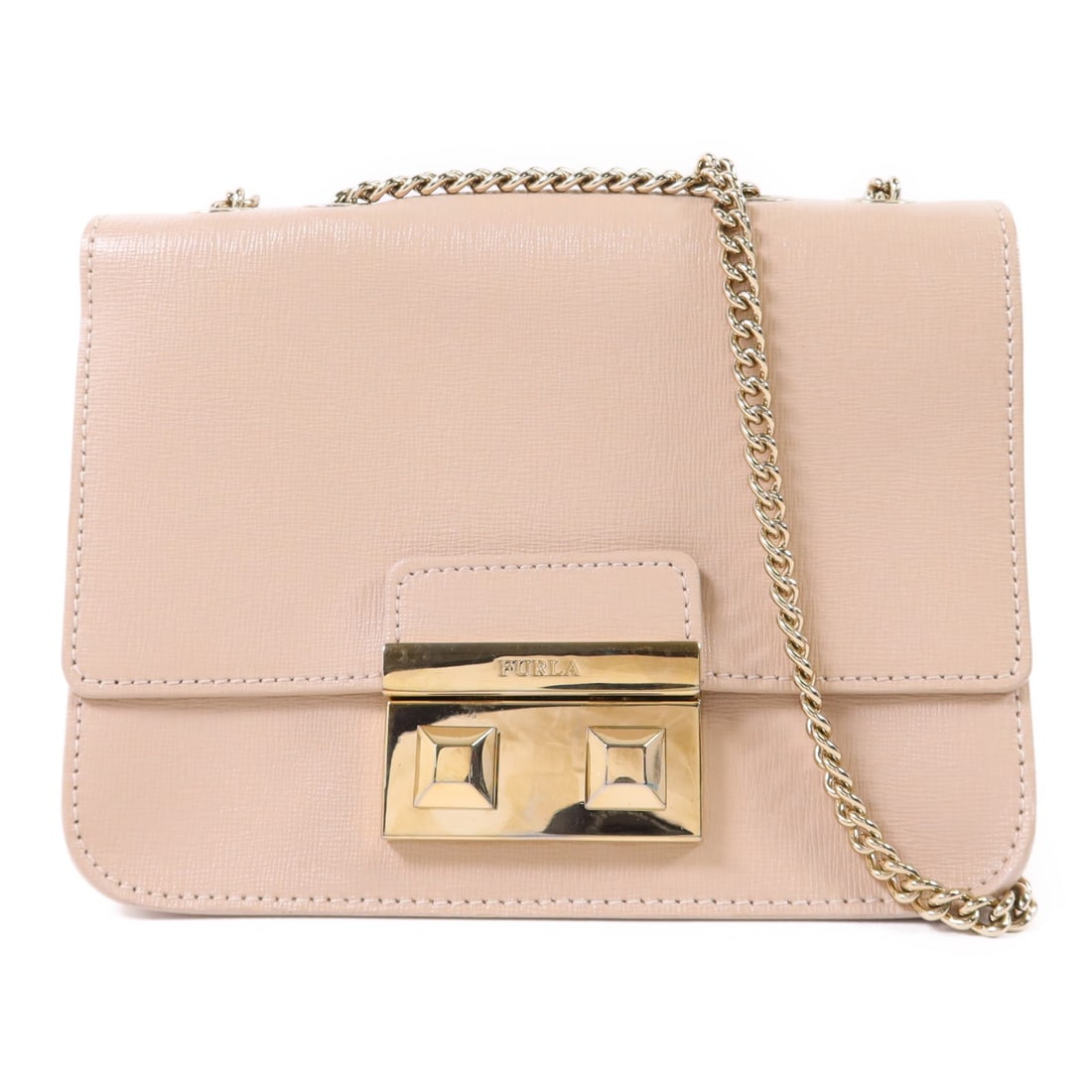 Furla beige leather shoulder bag with chain strap: Furla beige leather shoulder bag with chain strap Furla chain shoulder bag in beige leather with gold-tone hardware. It features a flap closure and an interior layout with one open pocket and three ca