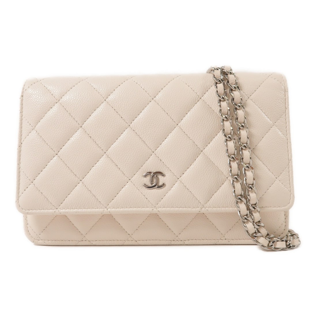 CHANEL CC Wallet on Chain White Calfskin Shoulder Bag SHW: CHANEL CC Wallet on Chain White Calfskin Shoulder Bag SHW CHANEL Wallet on Chain shoulder bag in white calfskin leather. This women's bag is described as a regular size shoulder bag with a white exter