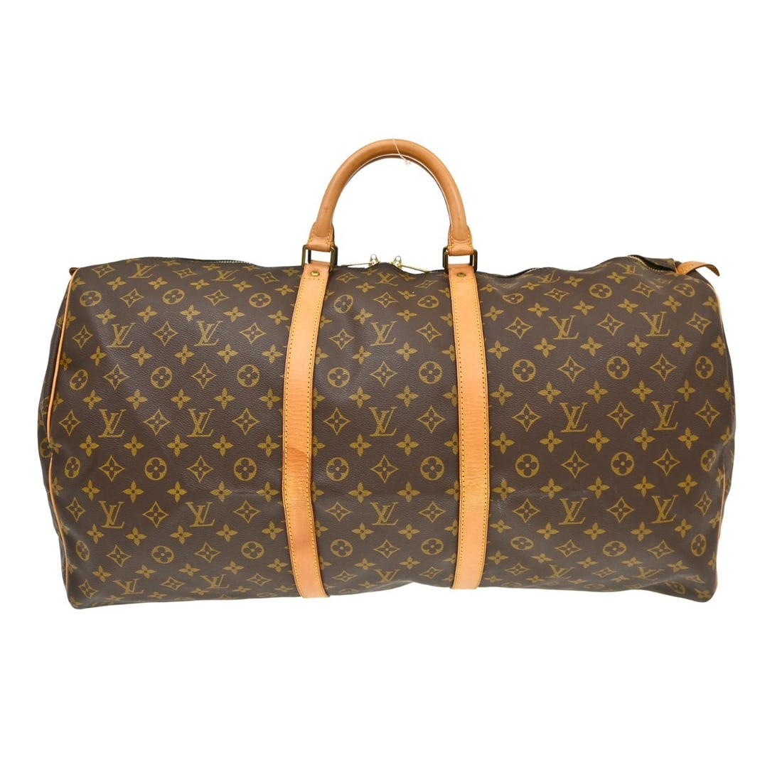 Louis Vuitton Keepall 60 Monogram Canvas Duffle Bag M41422: Louis Vuitton Keepall 60 Monogram Canvas Duffle Bag M41422 Vintage Louis Vuitton Keepall 60 travel handbag in brown Monogram canvas with leather trim and double handles. This extra large duffle-style 