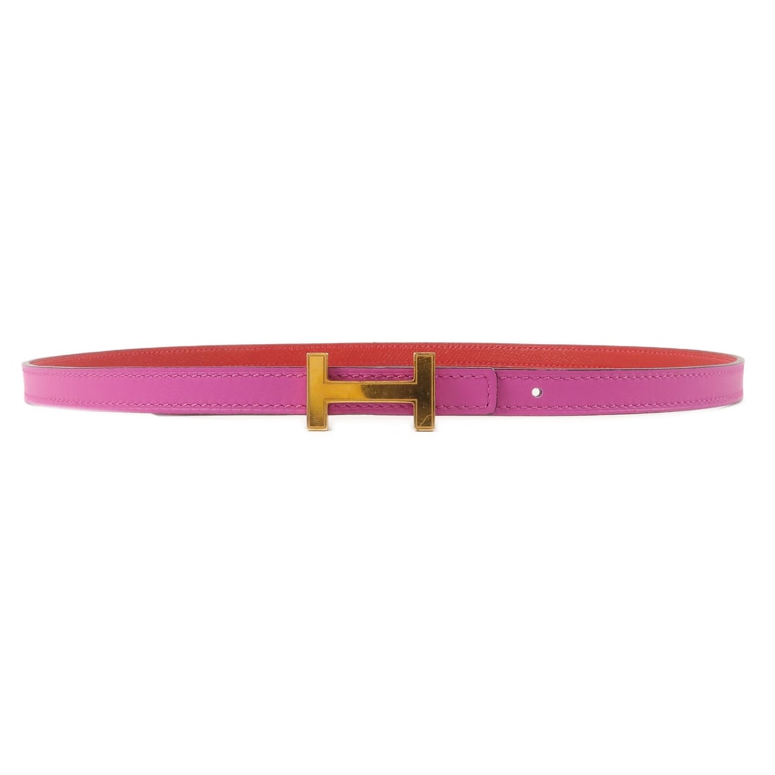 Hermes Focus Belt Rouge Tomate Epsom Calfskin GHW Size 75: Hermes Focus Belt Rouge Tomate Epsom Calfskin GHW Size 75 Hermes Focus Belt in Epsom leather and Swift leather, presented in Rouge Tomate with red and pink tones. The belt has a band width of 1.3 cm a