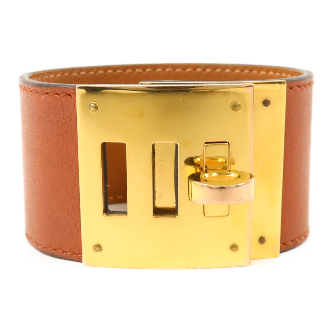 Hermes Kelly Dog Bangle Bracelet Brown Swift Calfskin Gold Tone: Hermes Kelly Dog Bangle Bracelet Brown Swift Calfskin Gold Tone Hermes Kelly Dog bracelet bangle in brown Swift leather and calfskin (cowhide), made in France. The piece is identified as model K/36 an