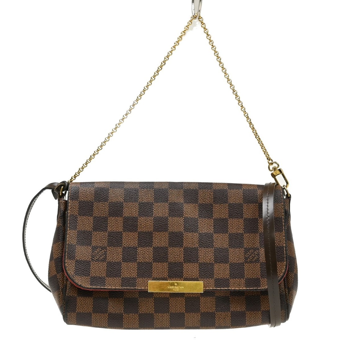 Louis Vuitton Favorite MM Damier Shoulder Bag Brown N41129 DU0185: Louis Vuitton Favorite MM Damier Shoulder Bag Brown N41129 DU0185 Louis Vuitton Favorite MM shoulder bag in Damier pattern, presented in a small size with a magnetic closure. It features a brown exter