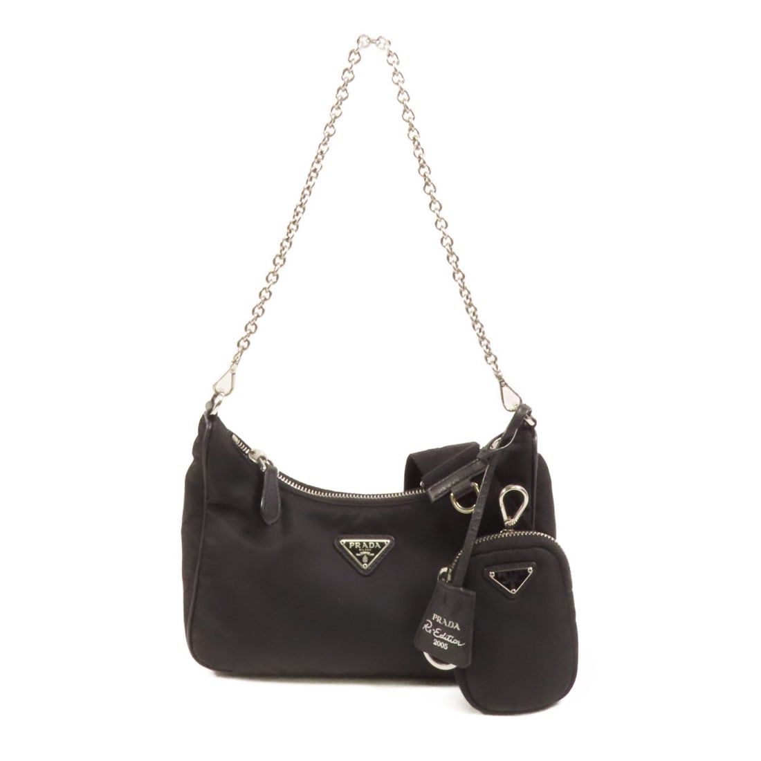 PRADA Re-Edition 2005 Nylon 2way Shoulder Bag Black SHW: PRADA Re-Edition 2005 Nylon 2way Shoulder Bag Black SHW PRADA Re-Edition 2005 2way shoulder bag in black nylon. It features a black-on-black colorway and comes with a shoulder strap. Condition is rate