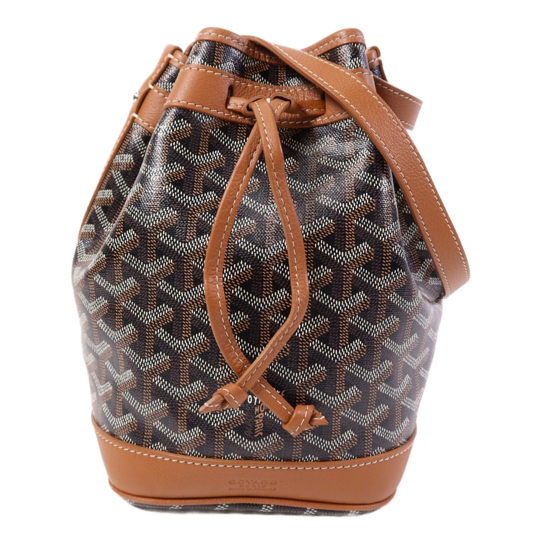 Goyard Petit Flot Brown Coated Canvas Bucket Shoulder Bag: Goyard Petit Flot Brown Coated Canvas Bucket Shoulder Bag Goyard SHW Petit Flot Bucket Shoulder Bag in brown coated canvas with a brown and black color combination. This bucket-style shoulder bag is p