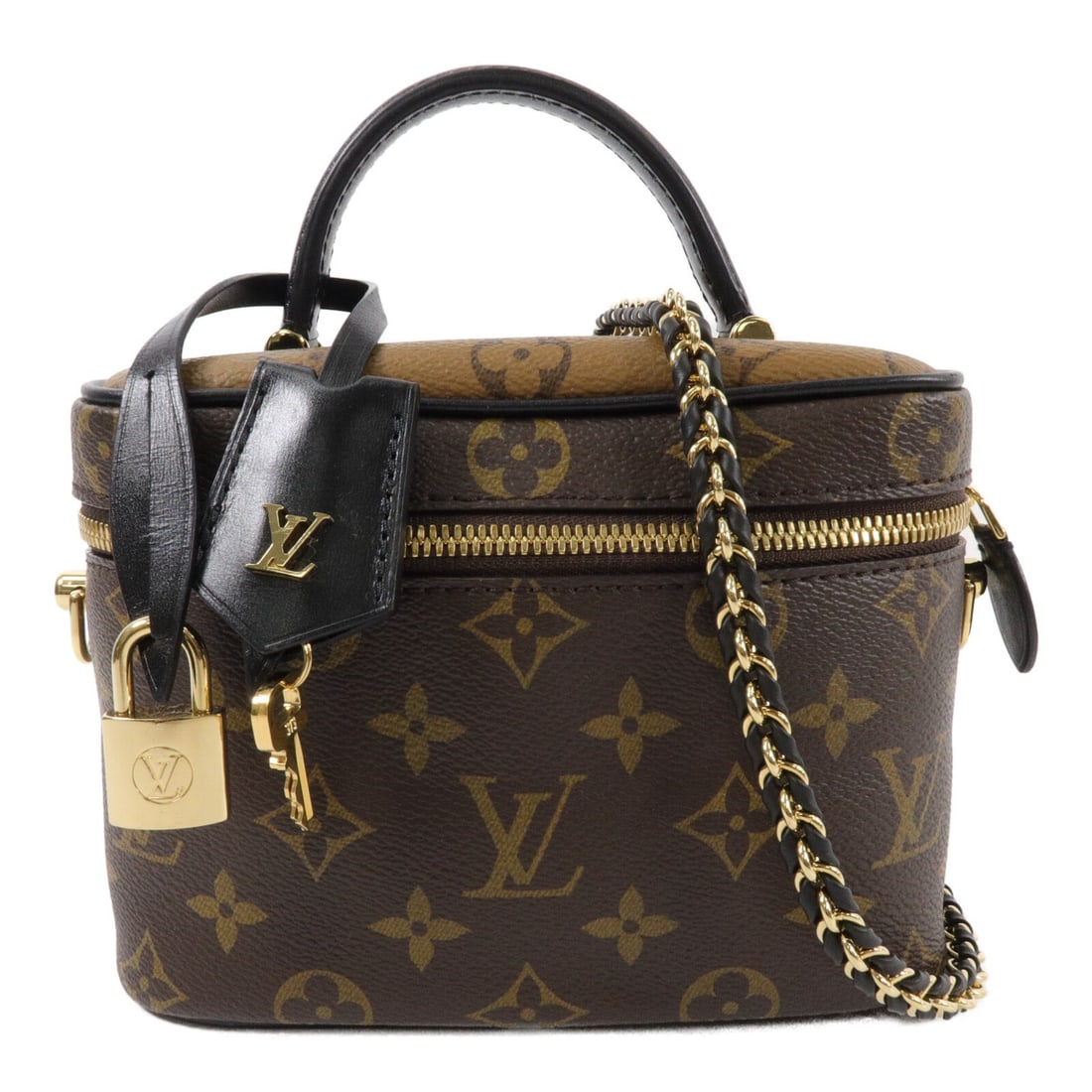 Louis Vuitton Vanity PM M45165 Monogram Reverse Brown Shoulder Bag: Louis Vuitton Vanity PM M45165 Monogram Reverse Brown Shoulder Bag A Louis Vuitton Vanity PM 2 Way Shoulder Bag in brown Monogram Reverse x PVC coated canvas. This model features a top handle, shoulde