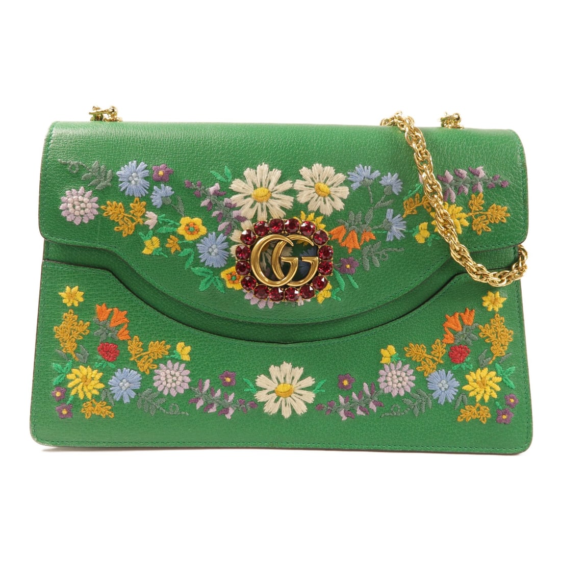 Gucci 499616 GG Ricami Shoulder Bag Green Calfskin Leather: Gucci 499616 GG Ricami Shoulder Bag Green Calfskin Leather A Gucci shoulder bag from the Ricami line, crafted in green calfskin (cowhide) leather with GG hardware. It features a flap closure, two open