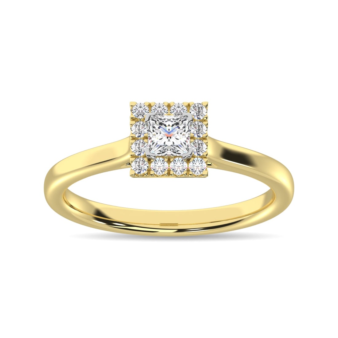 Diamond 3/8 Ct.Tw. Princess Center Halo Engagement Ring in 10K Yellow Gold: Diamond 3/8 Ct.Tw. Princess Center Halo Engagement Ring in 10K Yellow Gold 10k Yellow Gold Stone Color: G-h Stone Clarity: I1 Each ring is presented in standard size 6.5. Complimentary resizing is ava