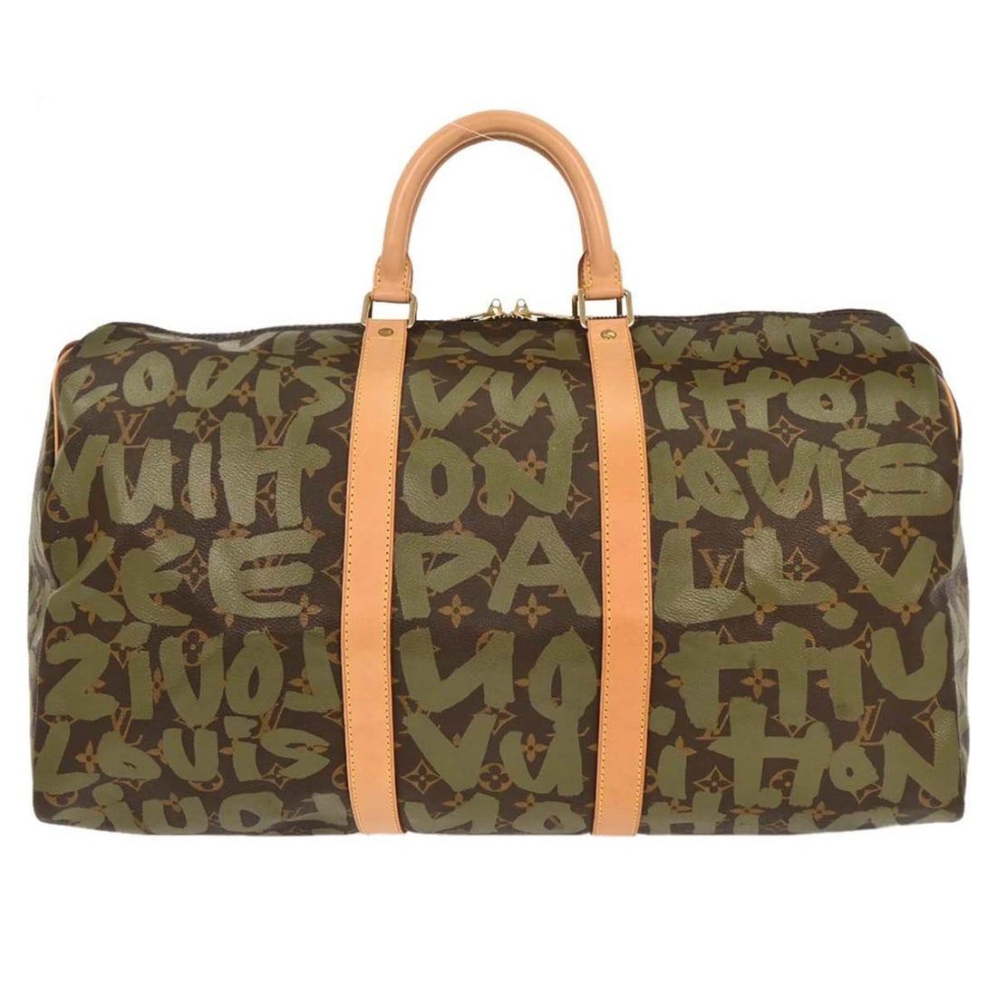 Louis Vuitton Keepall 50 Khaki Monogram Graffiti Travel Duffle M92196: Louis Vuitton Keepall 50 Khaki Monogram Graffiti Travel Duffle M92196 Louis Vuitton Keepall 50 duffle bag in khaki Monogram Graffiti canvas with leather trim. This travel bag features a zip closure, l