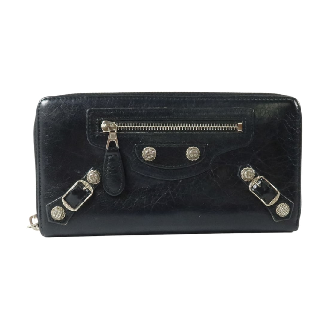 Black Calfskin Zip Around Wallet Balenciaga 253053 SHW: Black Calfskin Zip Around Wallet Balenciaga 253053 SHW A Balenciaga long wallet in black calfskin leather with silver-tone hardware. It features a practical interior layout with three wallet compartme