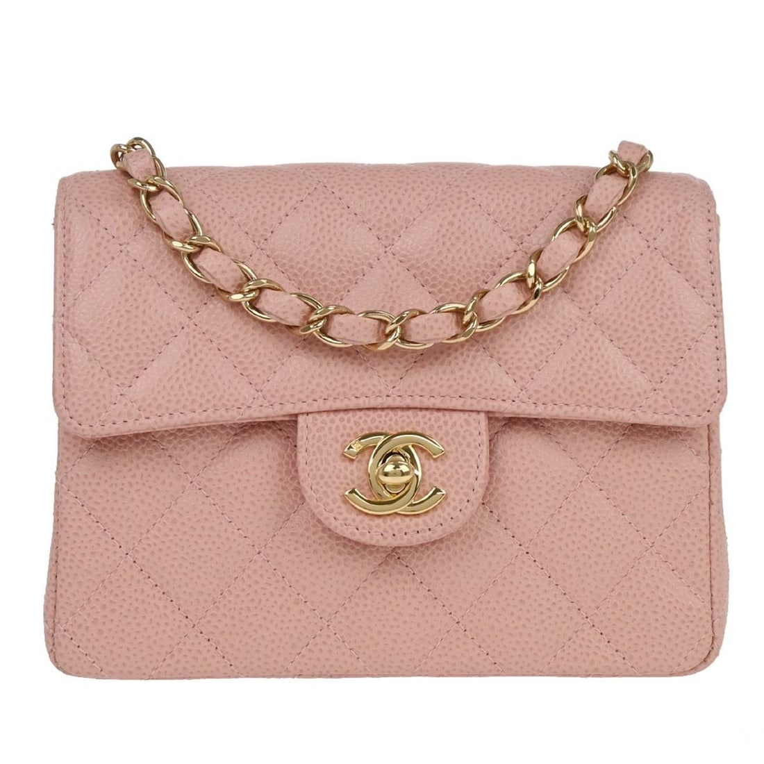 CHANEL Mini Square Classic Flap Pink Caviar Leather Crossbody Bag: CHANEL Mini Square Classic Flap Pink Caviar Leather Crossbody Bag Chanel Pink Calfskin Mini Classic Square Flap Bag. This small shoulder bag features a square shape, matelasse pattern, quilted accents