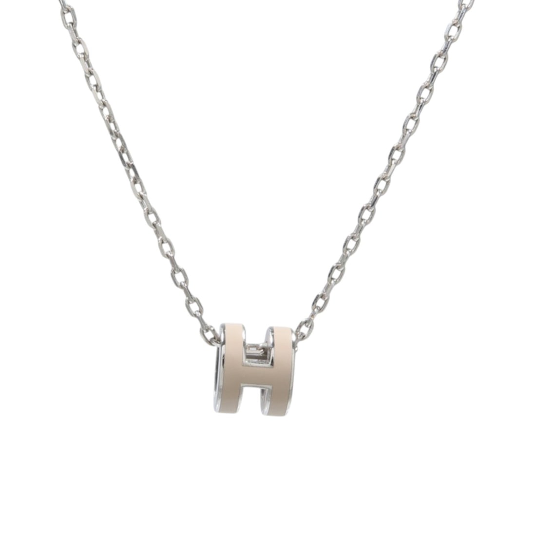 Hermes Mini Pop H enamel necklace gray silver tone: Hermes Mini Pop H enamel necklace gray silver tone Hermes Mini Pop H Necklace in silver/gray with an enamel and metal construction. The necklace features a 40 cm neck rotation and a motif measuring 7 