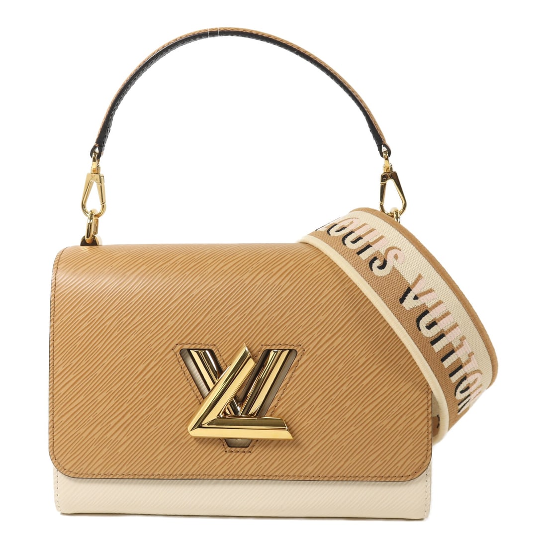 Louis Vuitton Twist MM 2 Way Shoulder Bag M21555 Epi Calfskin Beige Brown: Louis Vuitton Twist MM 2 Way Shoulder Bag M21555 Epi Calfskin Beige Brown Louis Vuitton Twist MM 2-way shoulder bag in Brown x Beige, made from Epi and calfskin (cowhide). It features a turn lock clos