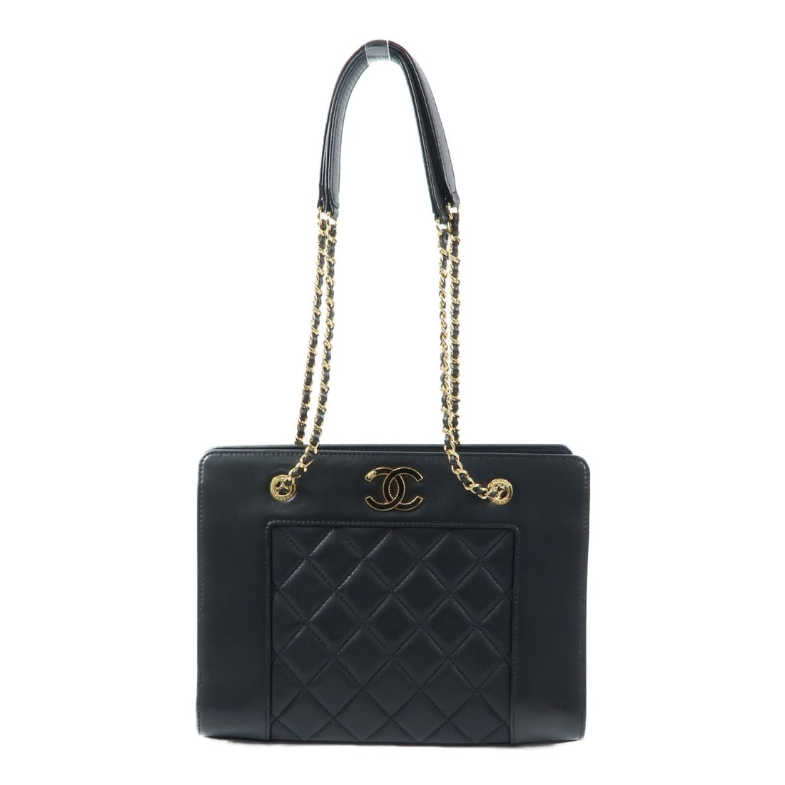 CHANEL Mademoiselle A93086 Calfskin Chain Tote Shoulder Bag Black: CHANEL Mademoiselle A93086 Calfskin Chain Tote Shoulder Bag Black Vintage CHANEL Mademoiselle tote chain shoulder bag in black calfskin with gold-tone CC hardware. The bag features a chain shoulder ha