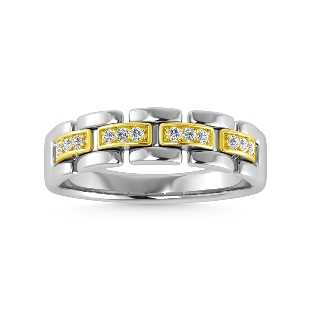 925 Silver + 10K Yellow Gold 1/8 Ct.Tw. Diamond Mens Ring: 925 Silver + 10K Yellow Gold 1/8 Ct.Tw. Diamond Mens Ring 925 Silver Stone Color: Gh Stone Clarity: I1 Each ring is presented in standard size 6.5. Complimentary resizing is available between sizes 51